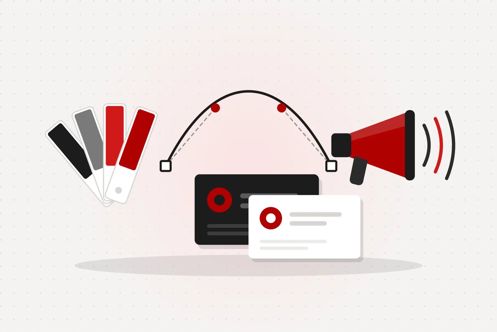 Illustration of colour swatches, business cards and a megaphone